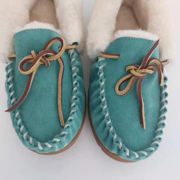 LL Bean Slippers Women 8 Teal Blue Suede Fur Lined Moccasins Cabincore Durable - Picture 3 of 15